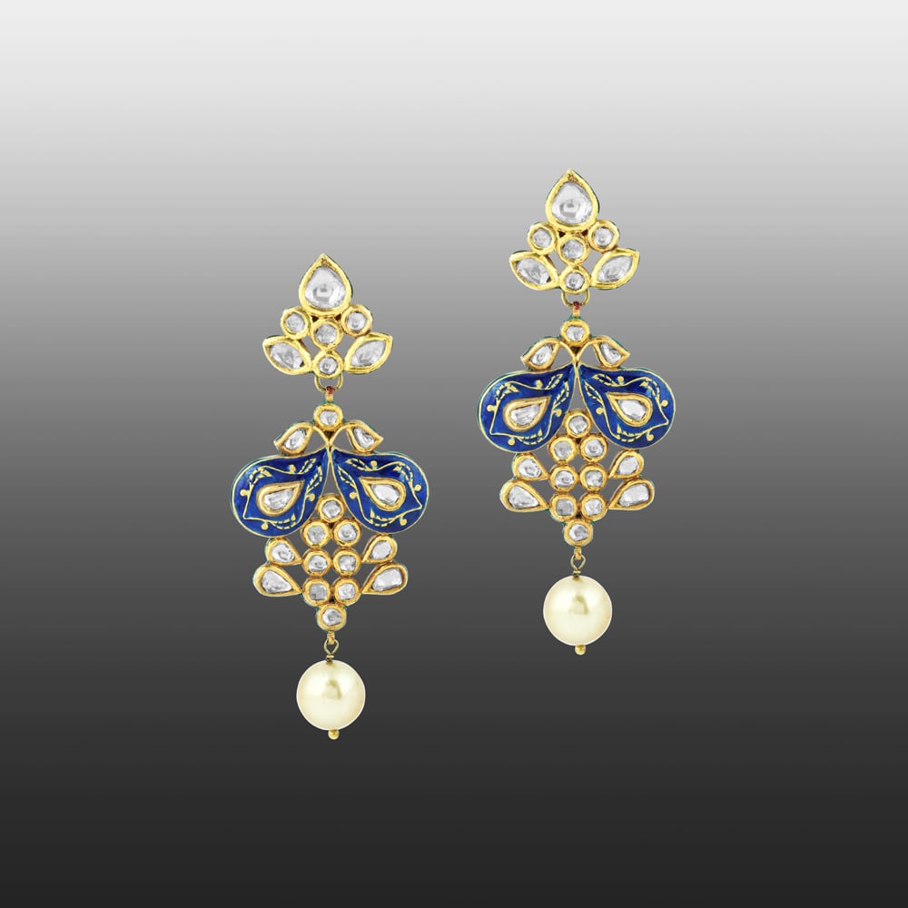 Polki Earrings with Blue Enamel and Pearl Drop